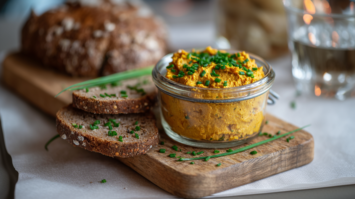 Ein Glas mit Kürbis-Tofu-Aufstrich auf einem Holzbrett. Der Aufstrich ist mit Schnittlauch bestreut. Direkt hinter dem Glas liegen zwei Scheiben Brot. Weiter dahinter liegt ein Laib Brot. Rechts im Bild steht ein Wasserglas.