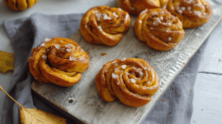 Mehrere Kürbis-Zimtkringel liegen auf einem Holzbrett. Unter dem Brett ist ein graues Küchentuch. Vor dem Brett sieht man Herbstlaub. Oben links in der Ecke ist ein kleiner Zierkürbis zu sehen.