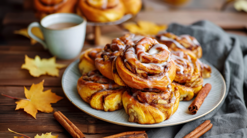 Ein Teller mit Kürbis-Zimtkringel mit Apfel. Außen herum liegen Blätter und Zimtstangen als Deko. Eine Kaffeetasse steht im Hintergrund.