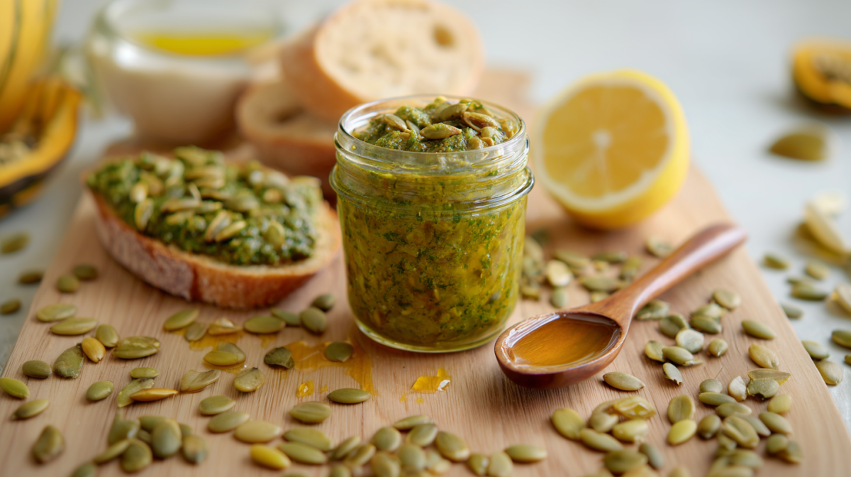 Ein Glas Kürbiskernpesto auf einem Holzbrett. Um das Glas herum liegen einige Kürbiskerne. Rechts neben dem Glas liegt ein Holzlöffel mit etwas Kürbiskernöl. Links liegt ein Brot mit dem Pesto. Im Hintergrund ist eine halbe Zitrone und weitere Brotstücke.