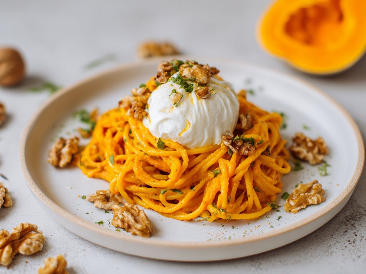 Ein Teller Kürbispasta mit Burrata, drum herum Walnüsse und Kürbis.