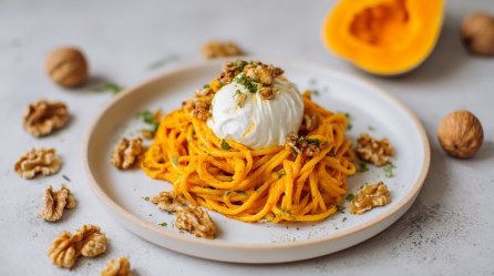 Ein Teller Kürbispasta mit Burrata, drum herum Walnüsse und Kürbis.