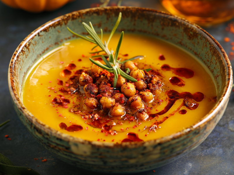 Eine Schale mit Kürbissuppe mit Räuchertofu, getoppt mit knusprigen Kichererbsen, Chiliöl und einem Zweig Rosmarin.