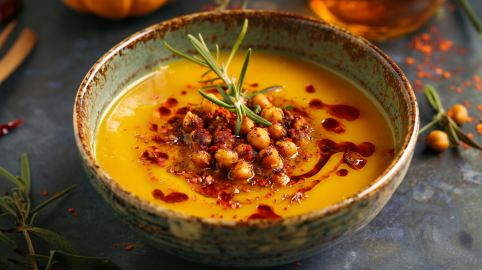 Eine Schale mit Kürbissuppe mit Räuchertofu, getoppt mit knusprigen Kichererbsen, Chiliöl und einem Zweig Rosmarin.