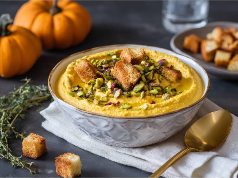 Eine Schale mit Kürbis-Hummus mit gehackten Pistazien und Brotchips on top