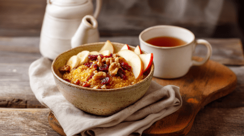 Eine Kürbis-Hirse-Bowl steht auf einem beigen Leinentuch auf einem beigen Leinentuch. Rechts hinter der Schale steht eine Tasse Tee.