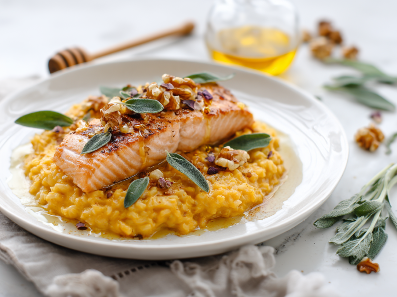 Lachs auf Kürbisrisotto auf einem weißen Teller. Das Gericht ist mit Walnüssen und frischen Salbeiblättern garniert. Rechts im Bild liegt noch mehr Salbei, Walnüsse und ein kleiner Kürbis. Im Hintergrund sieht man etwas Honig.