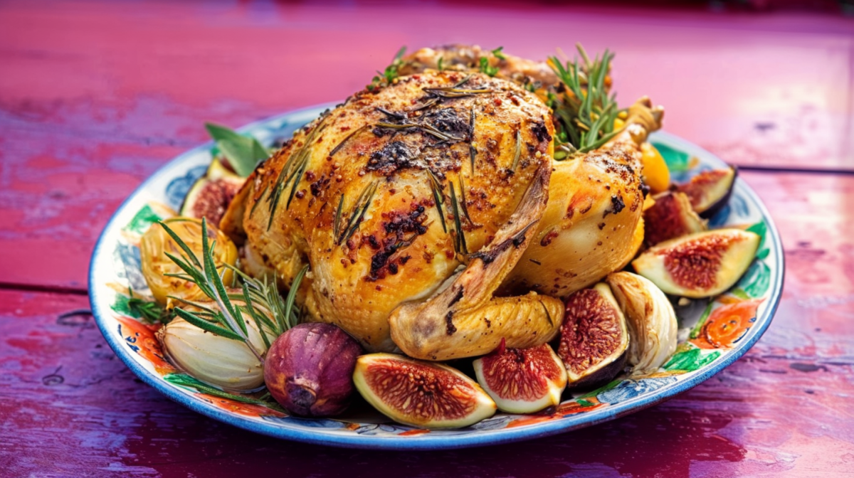 Eine große Schale mit Lavendel-Hähnchen, umrahmt von frischen Kräutern und Feigen.