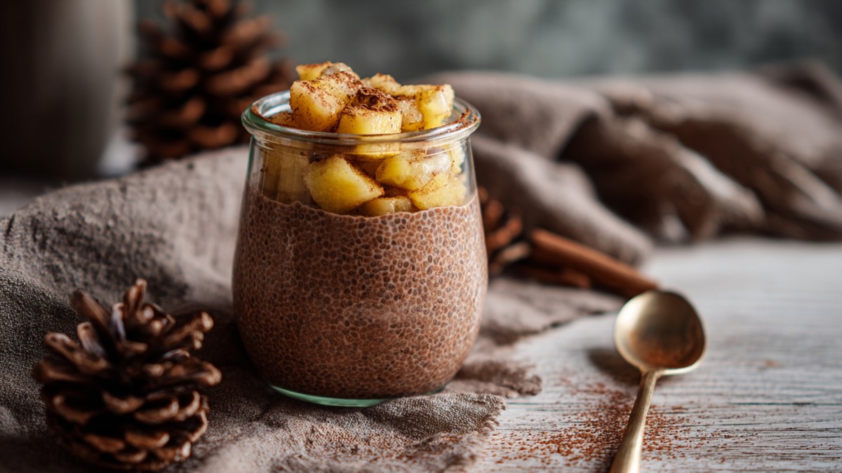 Ein kleines Glas mit Lebkuchen-Chiapudding, der mit Apfelkompott getoppt ist. Ringsum kann man Tannenzapfen, Zimtstangen und ein drapiertes Tuch erkennen.