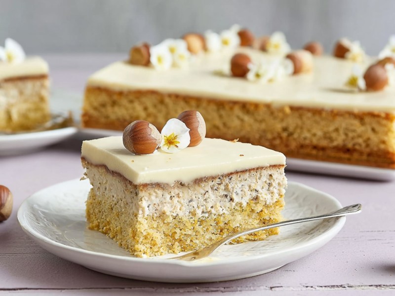 Ein Teller mit einem Stück Lübecker Marzipantorte vom Blech. Es ist mit ganzen Haselnüssen und einer weißen Blüte garniert. Im Hintergrund kann man einen ganzen Blechkuchen sehen.