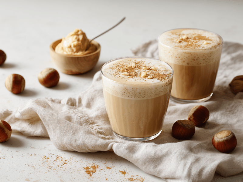 Zwei Gläser mit Macadamia Latte auf einem beigen Tuch auf weißem Untergrund. Drumherum liegen einige Nüsse verteilt. Im Hintergrund sieht man eine kleine Schale mit Macadamia-Mus.