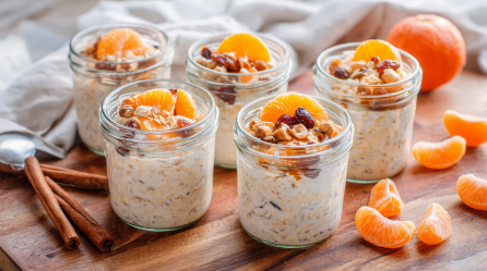 Fünf Gläser Mandarinen-Overnight-Oats auf einem Holzbrett. Links neben den Gläsern liegen einige Zimtstangen. Rechts liegen einige Mandarinenspalten.