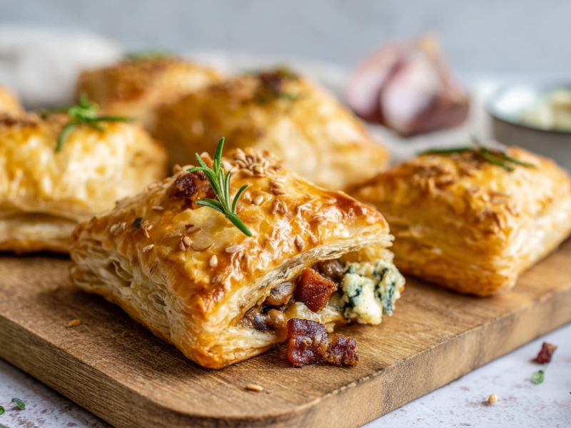 Einige Maronen-Blätterteigtaschen, die auf einem Holzbrett liegen. Ringsum liegt frischer Rosmarin. Im Hintergrund kann man ein paar Knoblauchzehen und eine Schüssel mit Butterwürfeln erahnen.