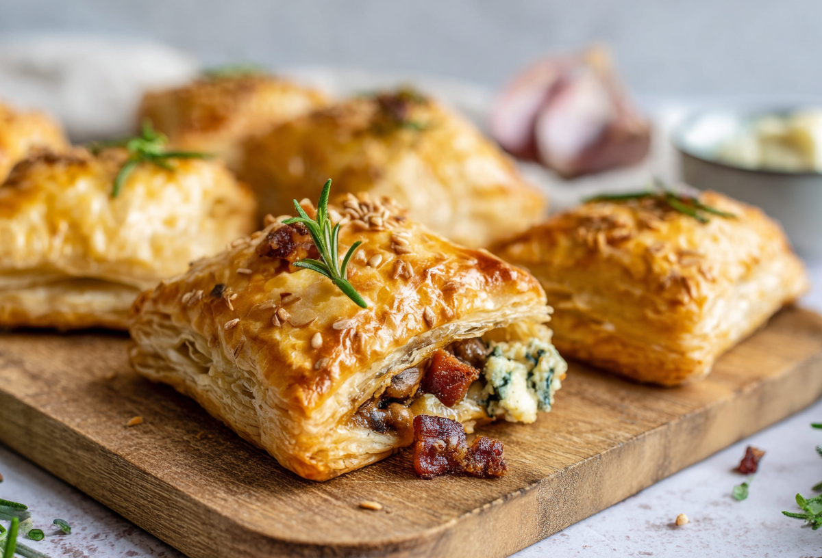 Einige Maronen-Blätterteigtaschen, die auf einem Holzbrett liegen. Ringsum liegt frischer Rosmarin. Im Hintergrund kann man ein paar Knoblauchzehen und eine Schüssel mit Butterwürfeln erahnen.