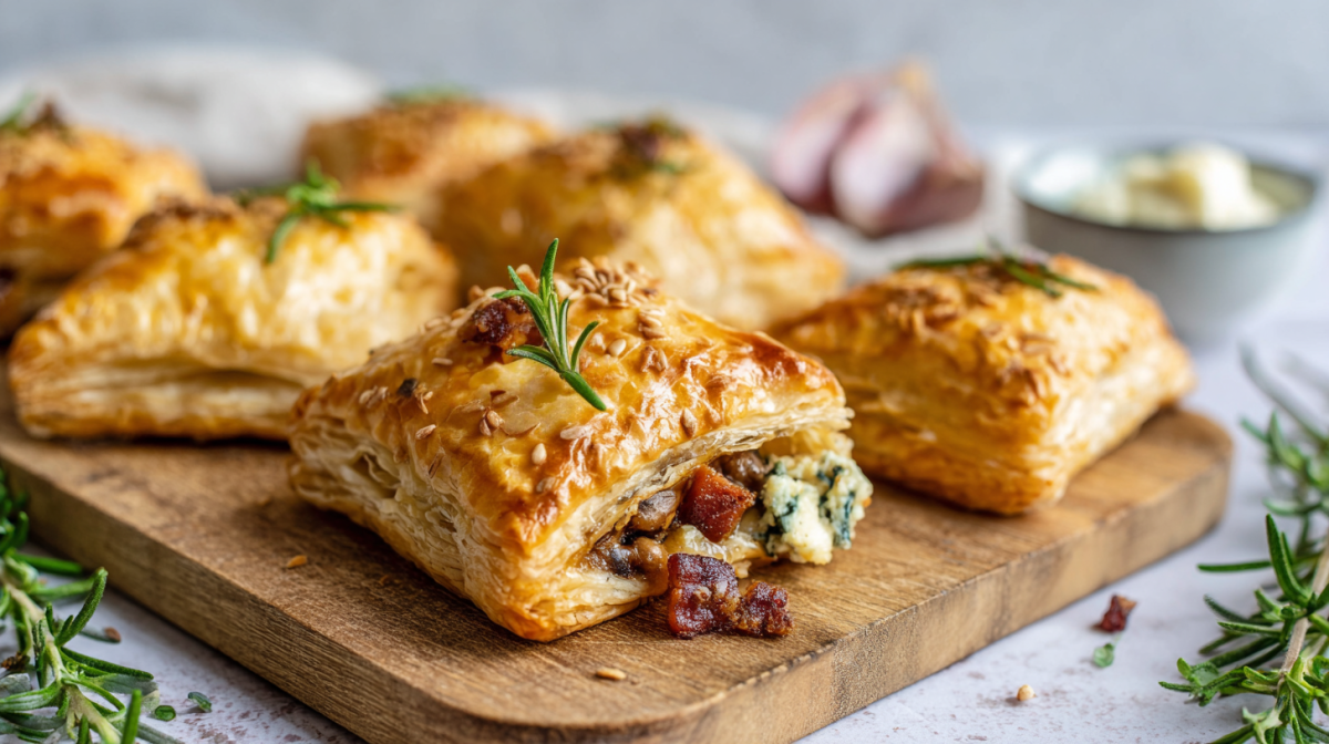 Einige Maronen-Blätterteigtaschen, die auf einem Holzbrett liegen. Ringsum liegt frischer Rosmarin. Im Hintergrund kann man ein paar Knoblauchzehen und eine Schüssel mit Butterwürfeln erahnen.