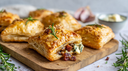 Einige Maronen-Blätterteigtaschen, die auf einem Holzbrett liegen. Ringsum liegt frischer Rosmarin. Im Hintergrund kann man ein paar Knoblauchzehen und eine Schüssel mit Butterwürfeln erahnen.