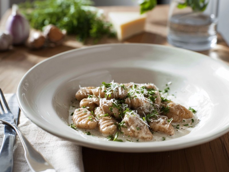 Ein Teller mit Maronen-Gnocchi, die mit frisch geriebenem Parmesan und frischer Petersilie garniert sind. Neben dem Teller liegt Besteck. Im Hintergrund kann man frische Zutaten wie Knoblauch, Kräuter und Käse erkennen.