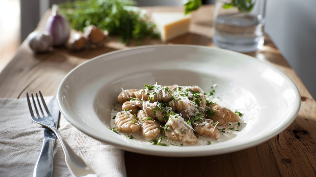 Ein Teller mit Maronen-Gnocchi, die mit frisch geriebenem Parmesan und frischer Petersilie garniert sind. Neben dem Teller liegt Besteck. Im Hintergrund kann man frische Zutaten wie Knoblauch, Kräuter und Käse erkennen.