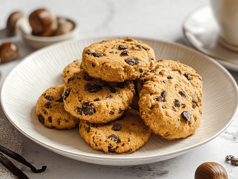 Ein Teller mit einigen Maronen-Keksen mit Schokostückchen. Im Hintergrund kann man frische Maronen erkennen. Außerdem liegen Vanilleschoten neben dem Teller. In der rechten oberen Bildecke steht eine Tasse auf einer Untertasse.