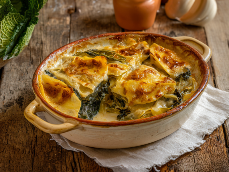 Eine Ofenform voll mit Maultaschen-Wirsing-Auflauf steht auf einer Stoffserviette. Im Hintergrund liegt ein Wirsing und frischer Knoblauch.