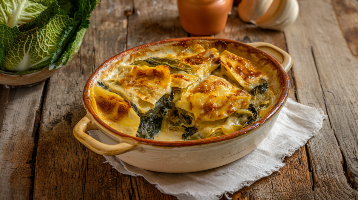 Eine Ofenform voll mit Maultaschen-Wirsing-Auflauf steht auf einer Stoffserviette. Im Hintergrund liegt ein Wirsing und frischer Knoblauch.