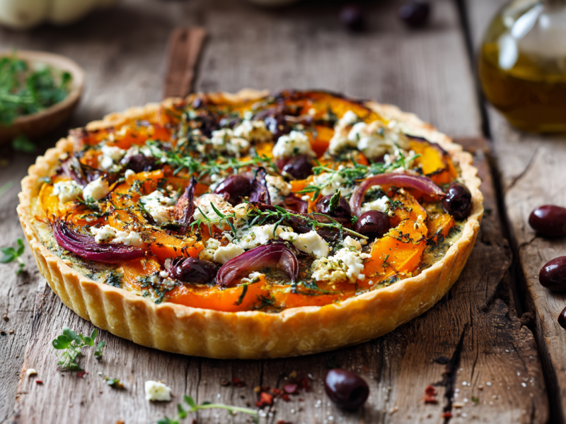 Eine mediterrane Kürbistarte auf einem rustikalen Holztisch. Um die Tarte liegen einige Oliven, Gewürze und frische Kräuter verteilt. Rechts im Bild sieht man noch eine Zwiebel und eine Flasche Öl.