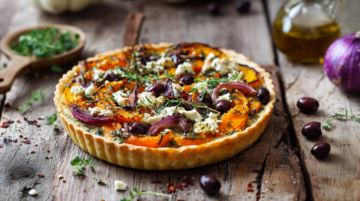 Eine mediterrane Kürbistarte auf einem rustikalen Holztisch. Um die Tarte liegen einige Oliven, Gewürze und frische Kräuter verteilt. Rechts im Bild sieht man noch eine Zwiebel und eine Flasche Öl.