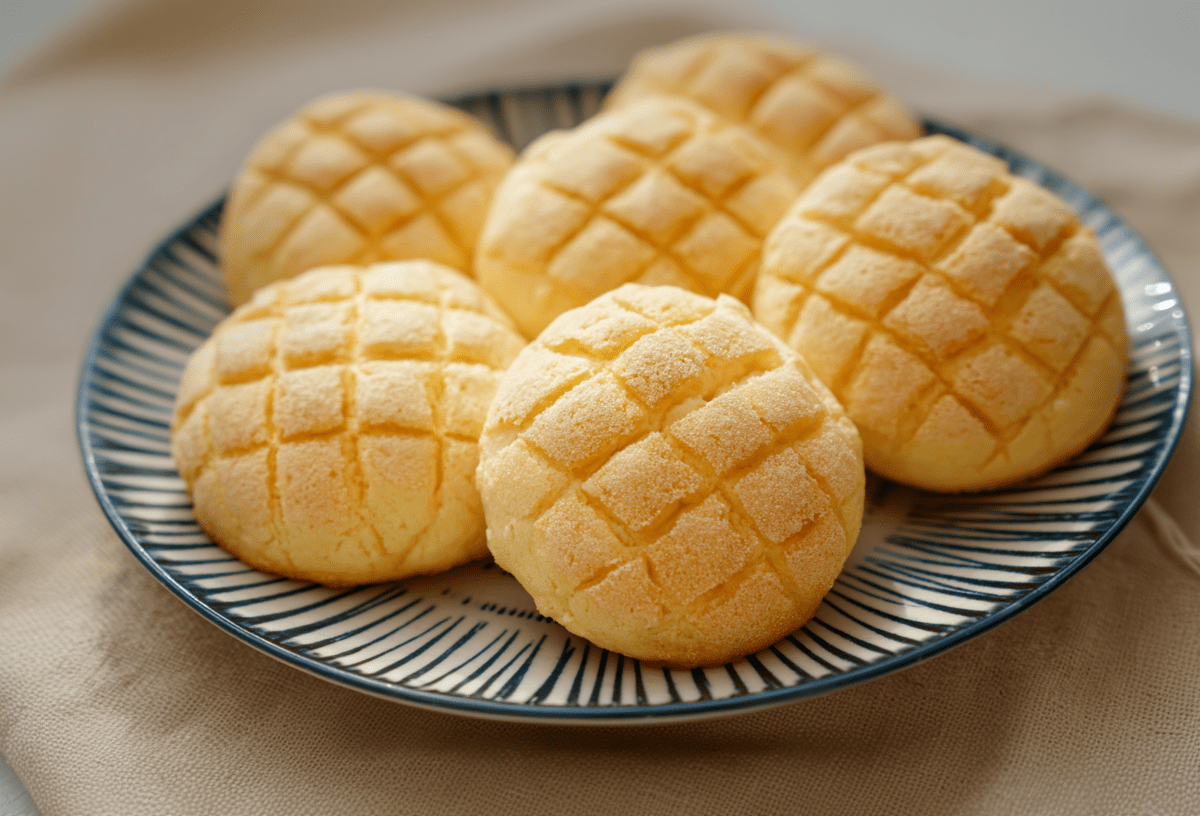 Sechs Melonpan liegen auf einem blau-weiß-gestreifen Keramikteller.