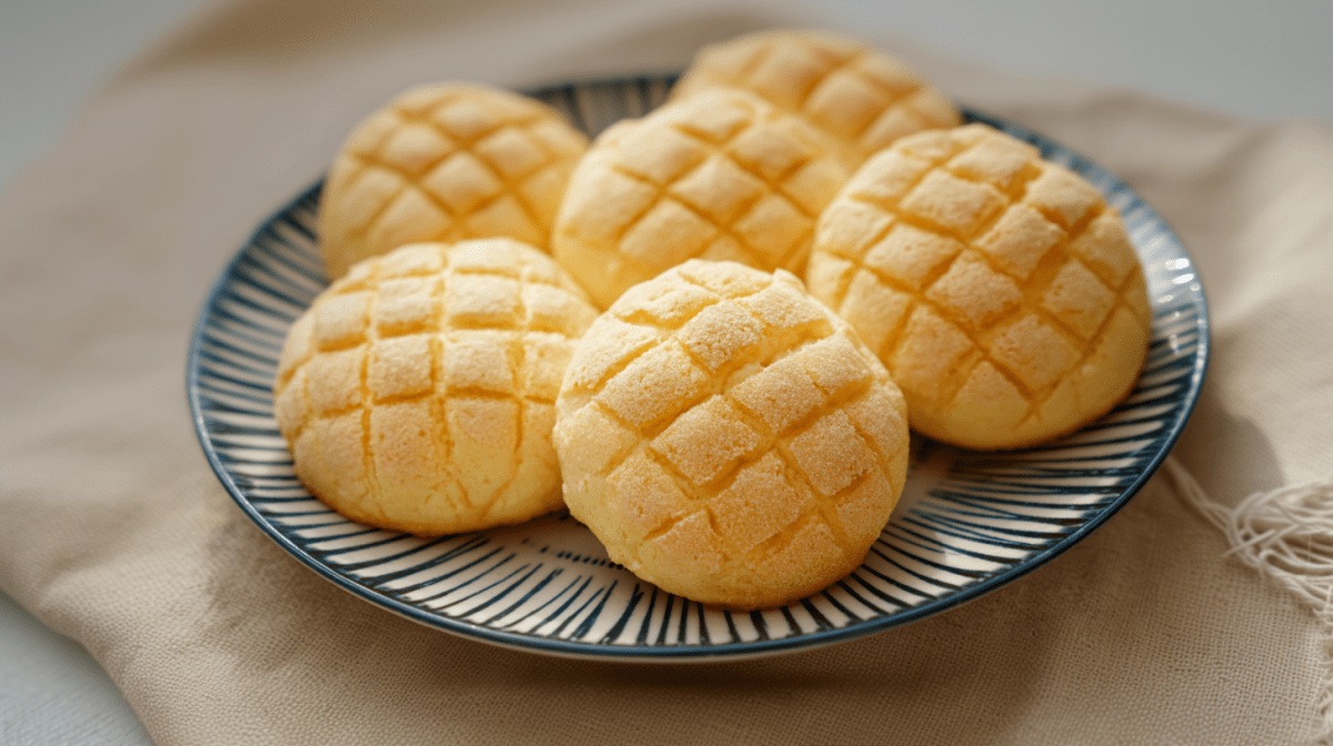 Sechs Melonpan liegen auf einem blau-weiß-gestreifen Keramikteller.