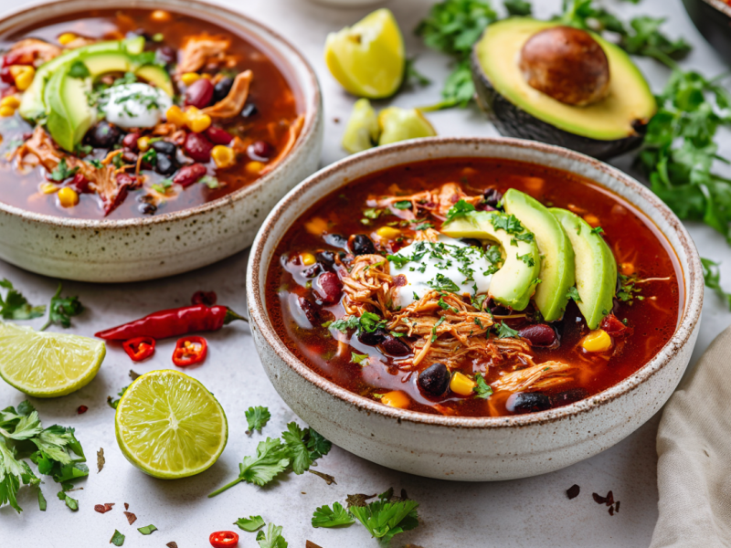 Zwei Schalen mit mexikanischer Hühnersuppe auf einem weißen Tisch. Rechts unten im Bild liegt ein beiges Küchentuch. Um die Schüsseln herum verteilt sind Limetten Koriander und Chilischoten. Hinter der vorderen Schüssel liegt eine halbierte Avocado.