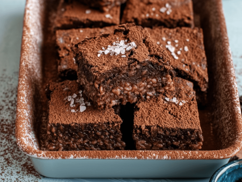 Milchreis-Brownies in einer kleinen Form. Sie sind mit Kakaopulver und etwas grobem Salz bestreut.