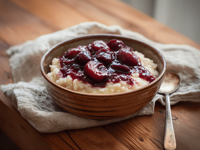 Milchreis mit Zwetschgenkompott in einer rustikalen Keramikschale. Die Schale steht auf einem Leinentuch, daneben liegt ein Löffel. Alles befindet sich auf einem schmalen Holztisch.