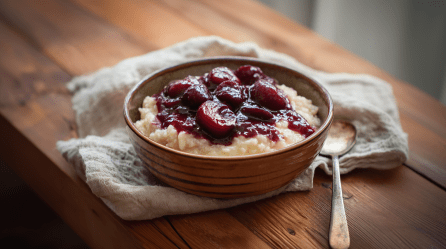 Milchreis mit Zwetschgenkompott in einer rustikalen Keramikschale. Die Schale steht auf einem Leinentuch, daneben liegt ein Löffel. Alles befindet sich auf einem schmalen Holztisch.