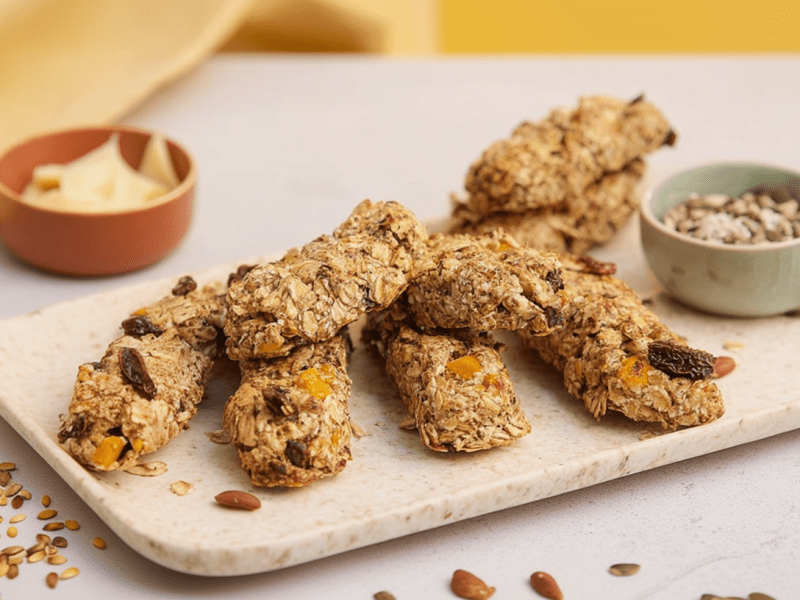 Ein Brett mit Müsli-Käsestangen. Daneben steht ein Schälchen mit Kernen, im Hintergrund ein zweites mit Butter.