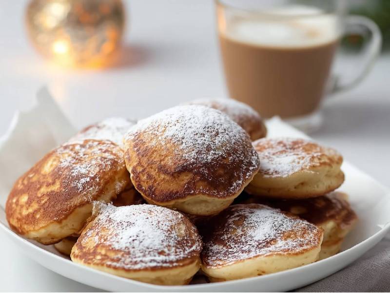 Ein Teller mit mehreren norddeutschen Förtchen mit Puderzucker bestreut und eine Tasse Kaffee im Hintergrund