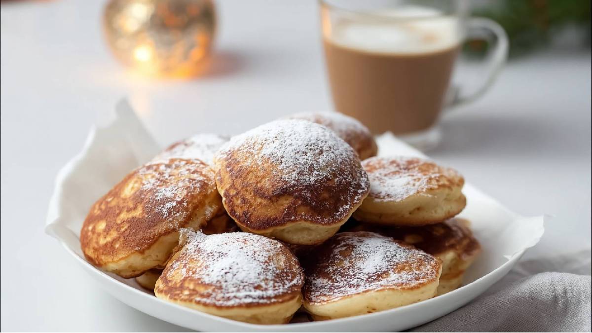 Ein Teller mit mehreren norddeutschen Förtchen mit Puderzucker bestreut und eine Tasse Kaffee im Hintergrund