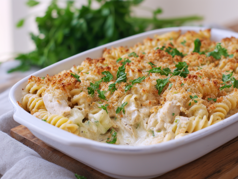 Nudel-Blumenkohlauflauf mit Hähnchen in einer weißen Auflaufform. Im Hintergrund sieht man einige frische Kräuter. Der Auflauf steht auf einem dunkelbraunen Holzbrett, auf einem grauen Tuch.