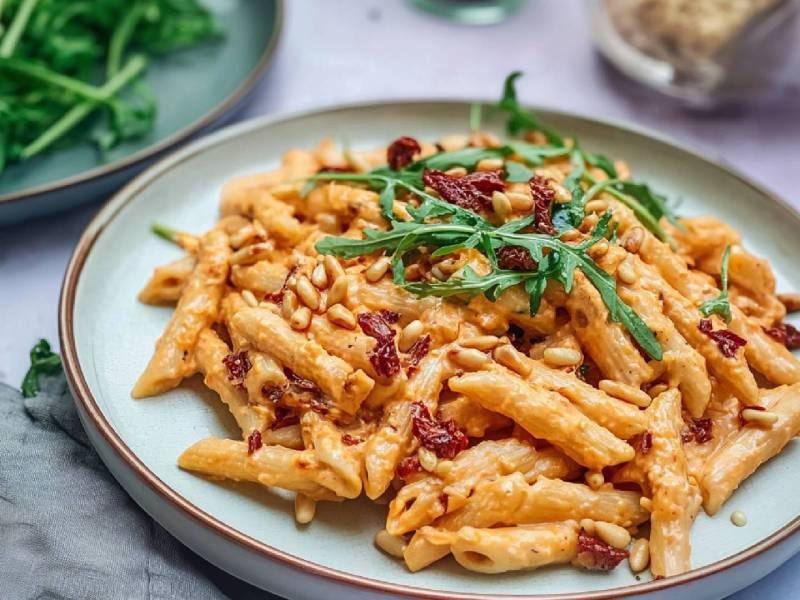 Teller mit Nudeln mit Ziegenkäsesoße, Pinienkerne und Rucola