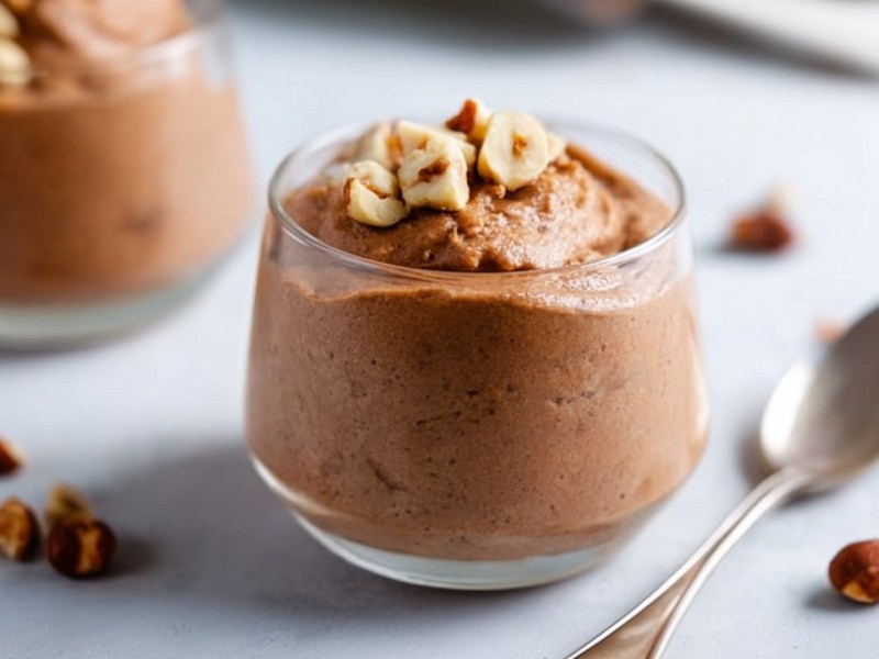 Ein Dessertglas mit Nutella-Mousse. Daneben liegt ein Silberlöffel. Ringsum liegen Haselnüsse herum.