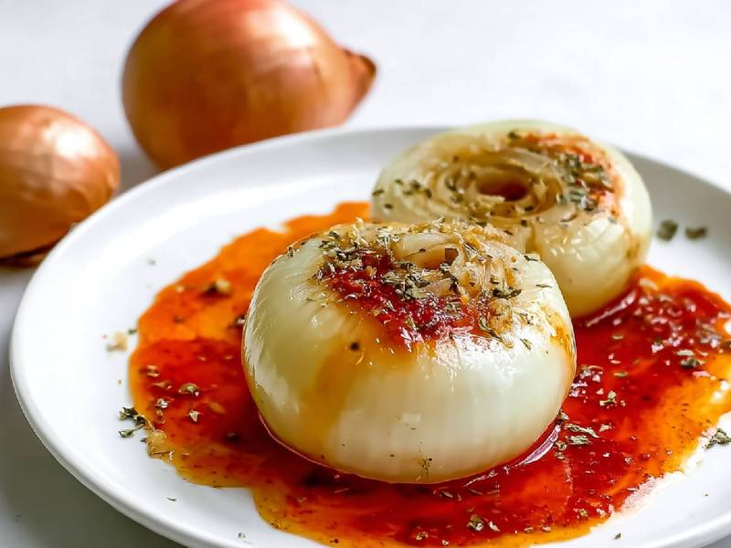 Teller mit Onion Boil, zwei ungeschälte Zwiebeln im Hintergrund