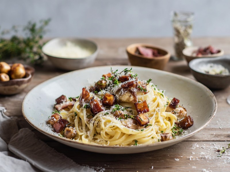 Ein Teller Pasta mit Maronen und Speck. Das Ganze ist mit geriebenem Parmesan und frischen Thymianblättchen garniert. Im Hintergrund steht ein Glas Weißwein und es stehen Schalen mit Zutaten herum.