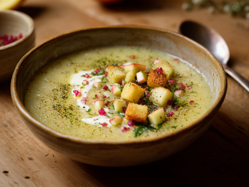 Eine Schüssel Petersilienwurzelsuppe mit Apfel auf einem Holztisch. Sie ist mit Apfelwürfeln und Croutons garniert. Links steht eine Schale mit Gewürzen. Rechts liegt ein Löffel. Rechts unten im Bild ist ein Apfel zu sehen.