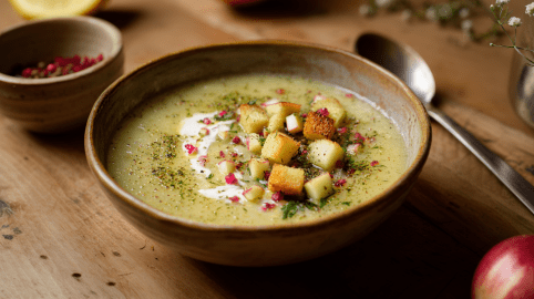 Eine Schüssel Petersilienwurzelsuppe mit Apfel auf einem Holztisch. Sie ist mit Apfelwürfeln und Croutons garniert. Links steht eine Schale mit Gewürzen. Rechts liegt ein Löffel. Rechts unten im Bild ist ein Apfel zu sehen.