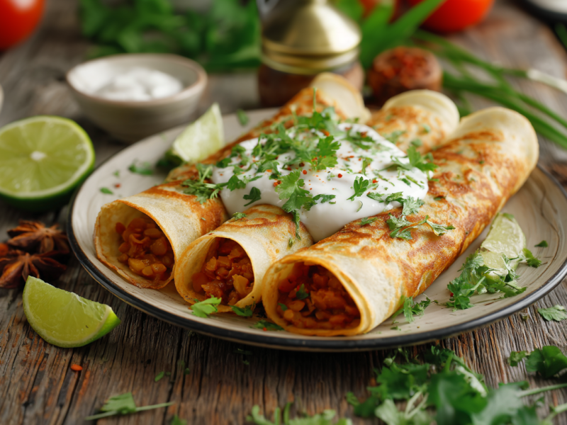 Drei Pfannkuchen mit Linsen-Dal auf einem Teller. Neben dem Teller liegen einige Limettenstücke. Die Pfannkuchen sind mit Joghurt und Koriander serviert. Im Hintergrund sieht man weitere Zutaten, wie Limetten, Tomaten, Koriander und eine Chilischote.