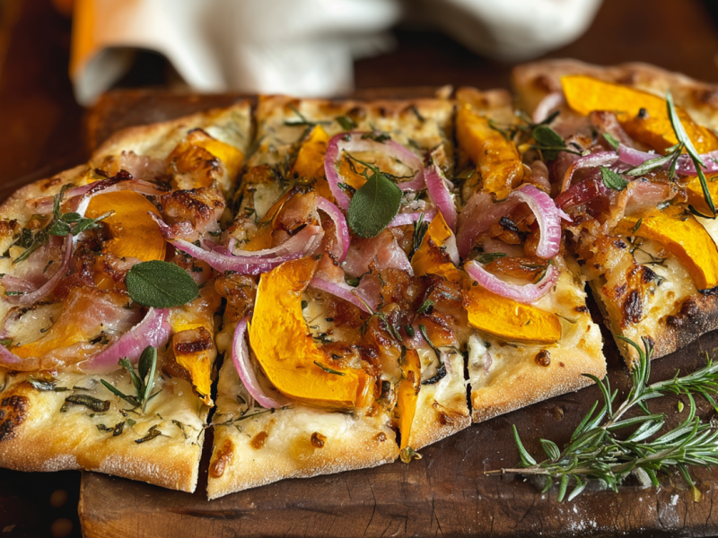 Ein Holzbrett mit Pinsa mit Kürbis und Speck.