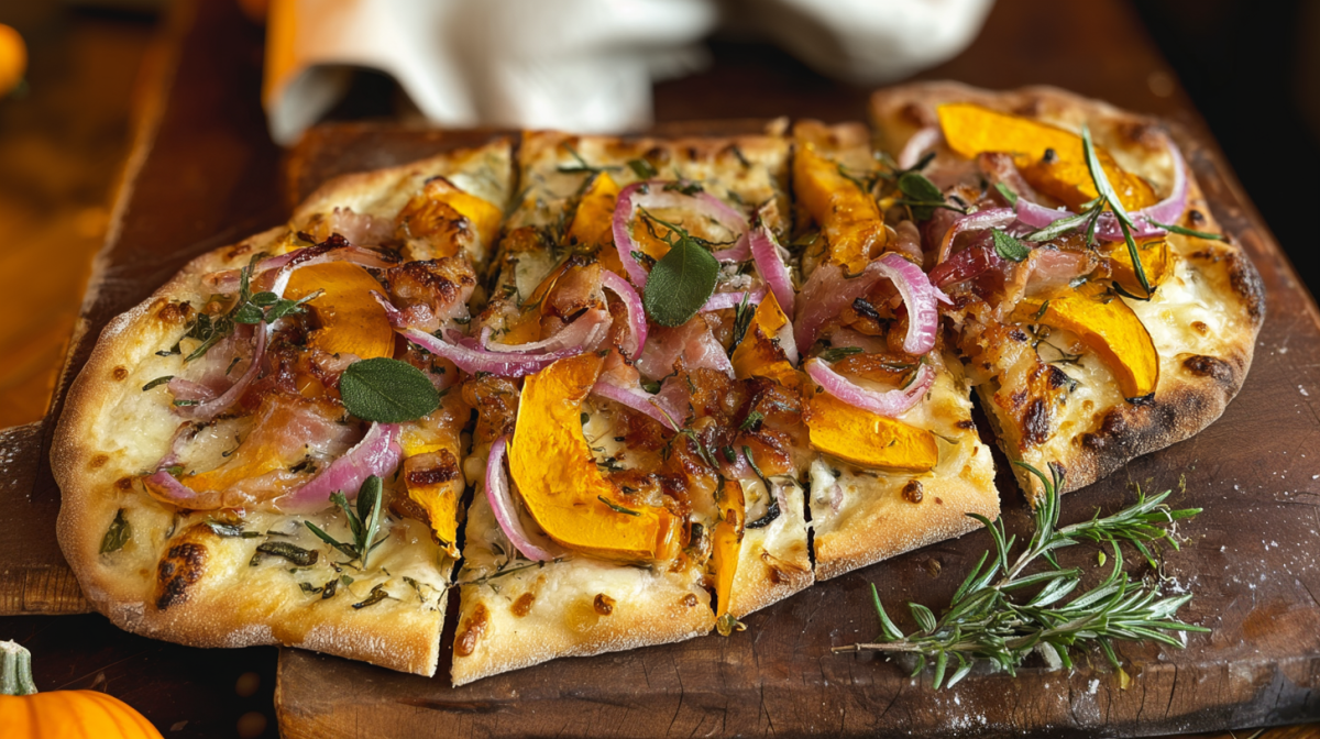 Ein Holzbrett mit Pinsa mit Kürbis und Speck.