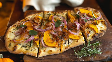 Ein Holzbrett mit Pinsa mit Kürbis und Speck.