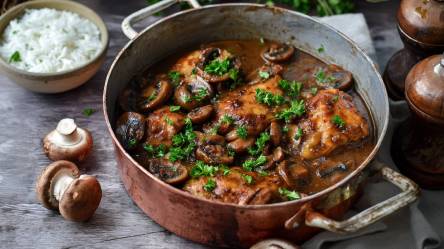 Rustikaler Topf mit Pollo Fino mit Champignons