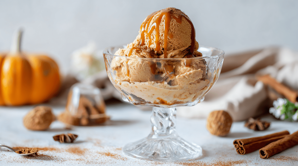 Eine Schale mit Pumpkin-Spice-Eis. Um die Schale verteilt ist Zimt verteilt. Im Hintergrund sieht man einen Kürbis sowie diverse Gewürze.