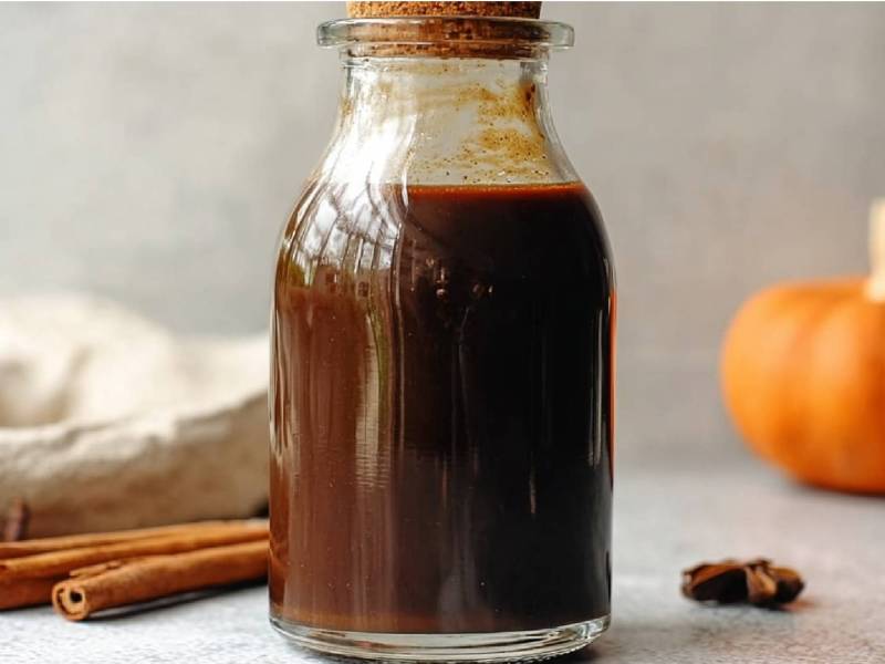 Pumpkin Spice Sirup auf einem Tisch, Kürbis und Zimtstangen daneben